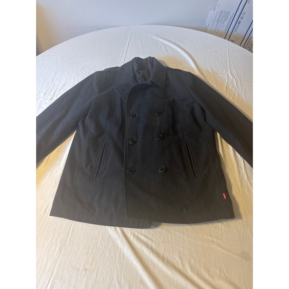 Levis Pea Coat Mens XL Black Double Breasted Wool Blend Jacket Bib